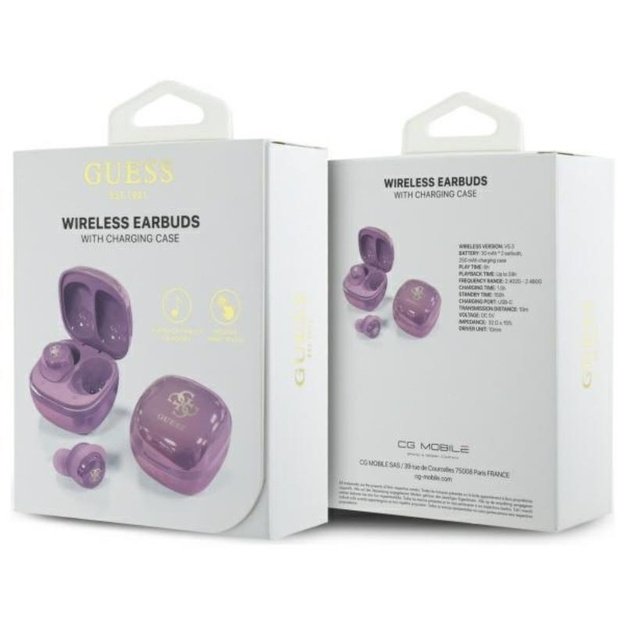 Guess 4G spausdintas logotipas – Bluetooth TWS ausinės + įkrovimo dėklas (violetinė)