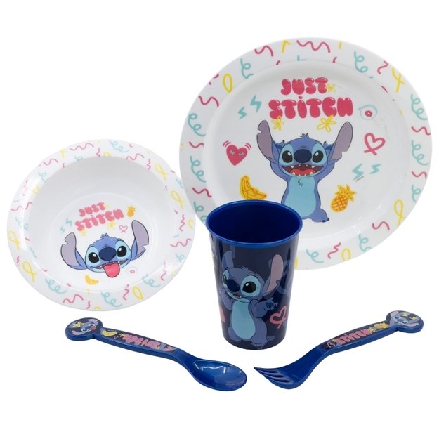 Disney Stitch - 5 dalių mikrobangų krosnelei tinkamas indų rinkinys iš Palms kolekcijos (lėkštė, dubuo, puodelis, šakutė, arbatinis šaukštelis)