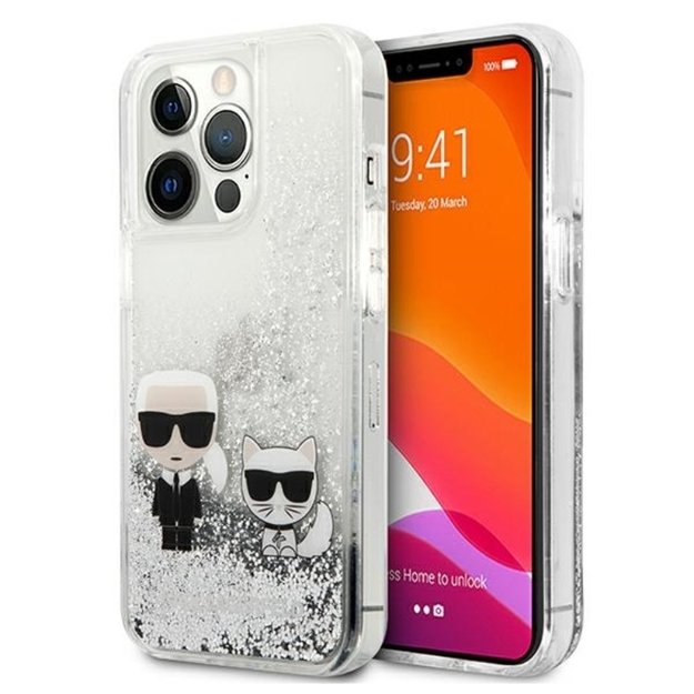 Karl Lagerfeld Liquid Glitter Karl & Choupette – dėklas, skirtas iPhone 13 Pro (sidabras)