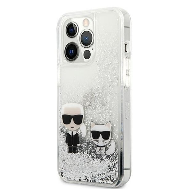 Karl Lagerfeld Liquid Glitter Karl & Choupette – dėklas, skirtas iPhone 13 Pro (sidabras)