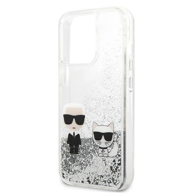 Karl Lagerfeld Liquid Glitter Karl & Choupette – dėklas, skirtas iPhone 13 Pro (sidabras)