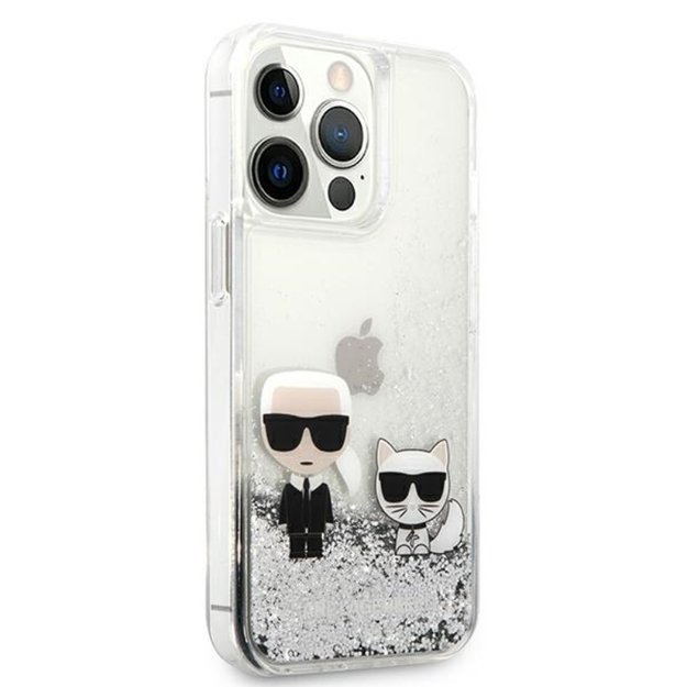 Karl Lagerfeld Liquid Glitter Karl & Choupette – dėklas, skirtas iPhone 13 Pro (sidabras)