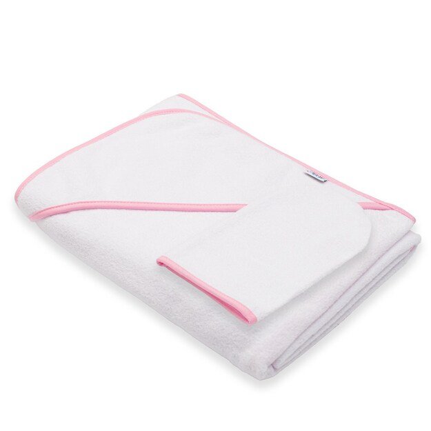 Kiltinis rankšluostis kūdikiui su gobtuvu New Baby BASIC 100x100 balta-rožinė