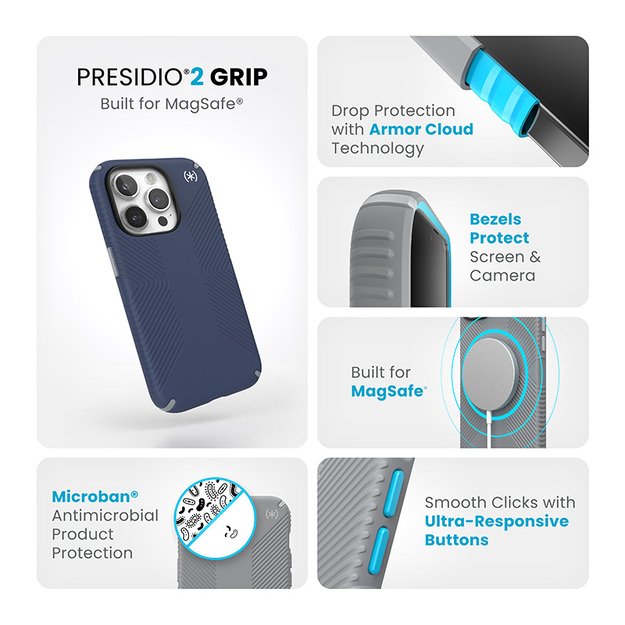 Speck Presidio2 Grip Magsafe – dėklas, skirtas iPhone 15 Pro (pakrančių mėlyna / dulkių pilka / balta) 23