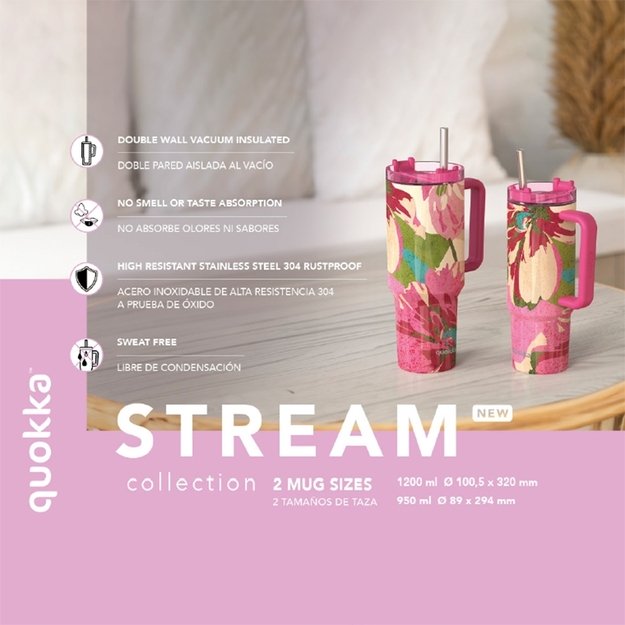Quokka Stream – nerūdijančio plieno termo puodelis 950 ml su šiaudeliais (grafitas)