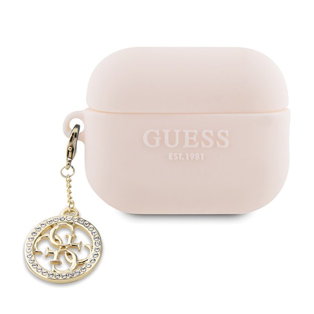 „Guess 3D Rubber 4G Diamond Charm“ dėklas, skirtas „AirPods Pro 2“ ausinėms (rožinis)