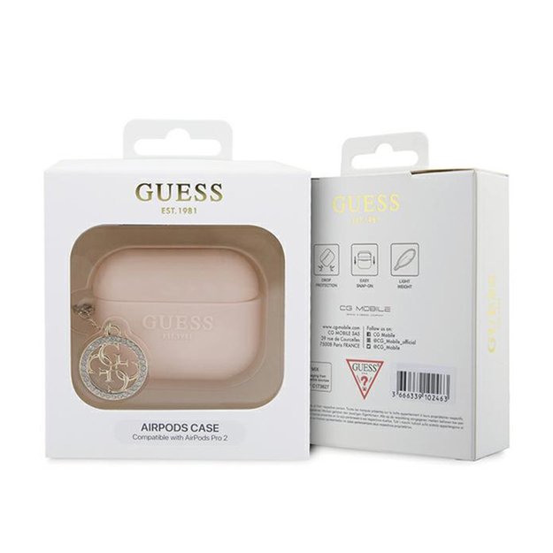 „Guess 3D Rubber 4G Diamond Charm“ dėklas, skirtas „AirPods Pro 2“ ausinėms (rožinis)