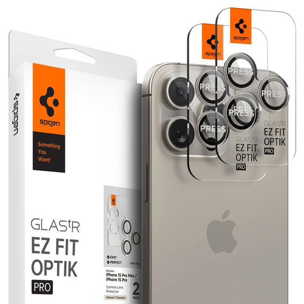 „Spigen Optik Pro GLAS.TR EZ Fit“ kameros apsauginiai stiklai, 2 vnt. – objektyvo apsauginis stiklas, skirtas „iPhone 15 Pro / 15 Pro Max / iPhone 14 Pro / 14 Pro Max“ (2 vnt.) (natūralaus titano spalvos)