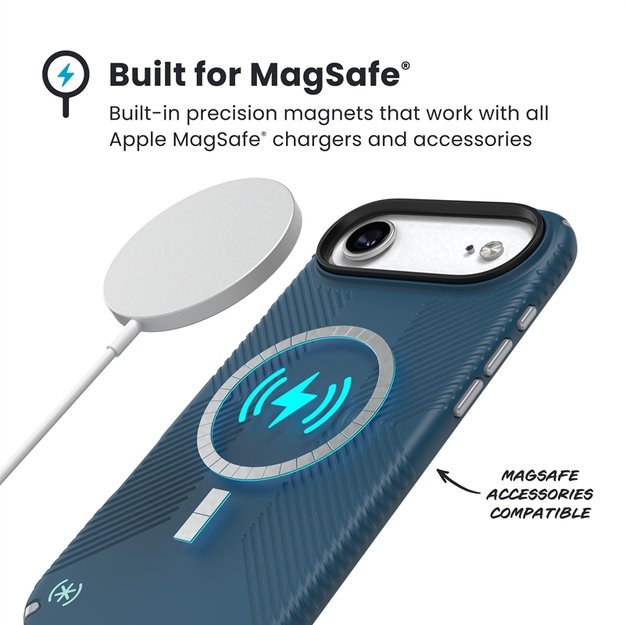 „Speck Presidio2 Grip MagSafe“ dėklas „iPhone 17 Air“ (gilios jūros / sidabro metalo / rašybos mėlynumo) 16