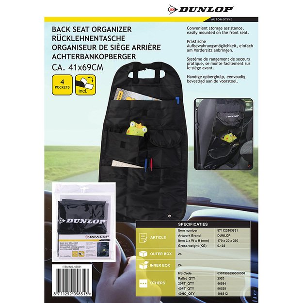 Dunlop – automobilio tvarkyklė / pirštinių dėžė / sėdynės apsauga (juoda)