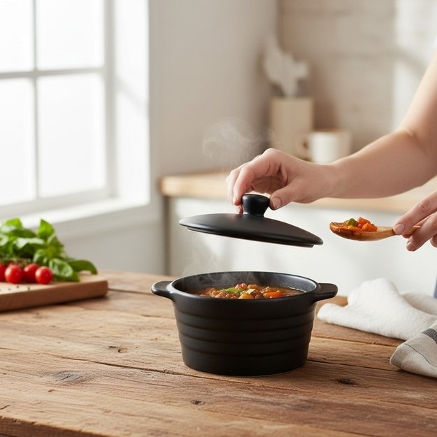 Alpina - Keraminis karščiui atsparus indas su dangčiu, apvalus, 13x10 cm, 210 ml (juodas) 3