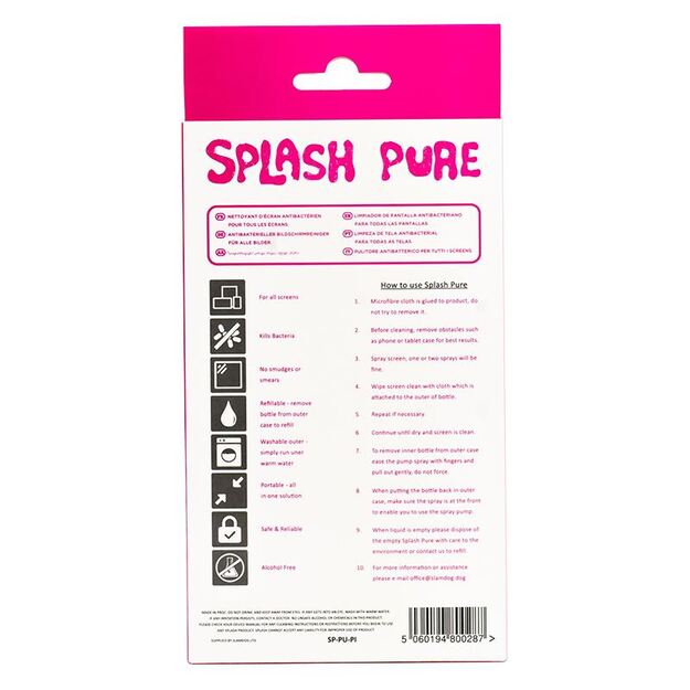 Splash Pure - Antibakterinis ekrano valiklis su mikropluošto šluoste, 20ml (rožinė)