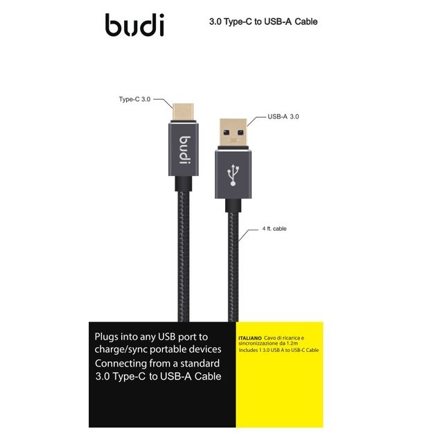 Budi – 3.0 USB-A į USB C laidas. gali praleisti 3,0A srovę. Paauksuota jungtis.