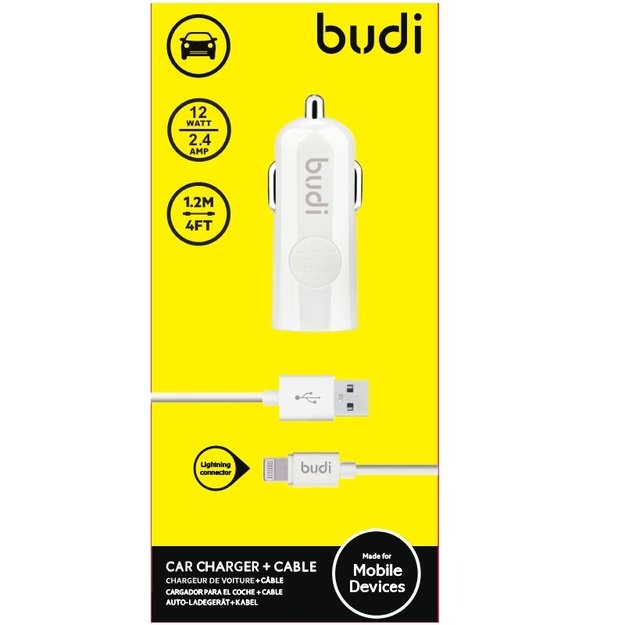 Budi - 1 USB automobilinis įkroviklis su LED indikatoriumi+žaibo laidu 8
