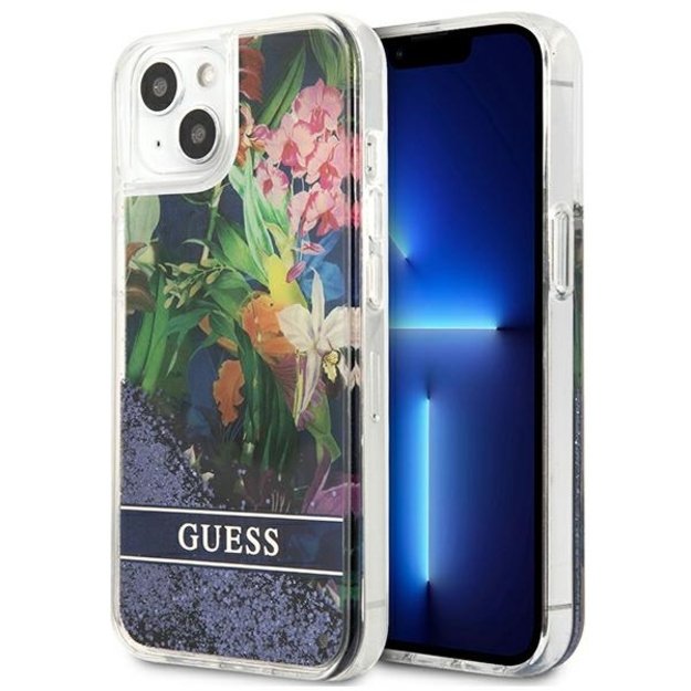 Guess Liquid Glitter Flower – iPhone 13 mini dangtelis (mėlynas)