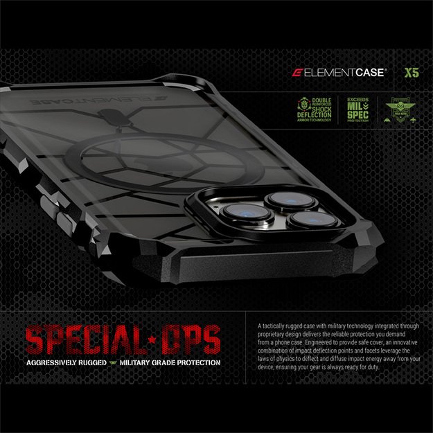 „Element Case Special Ops X5“ – dėklas, skirtas „iPhone 14“ („Mil-Spec“ apsauga nuo kritimo) (skaidrus / juodas)