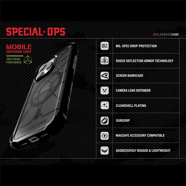 „Element Case Special Ops X5“ – dėklas, skirtas „iPhone 14“ („Mil-Spec“ apsauga nuo kritimo) (skaidrus / juodas)