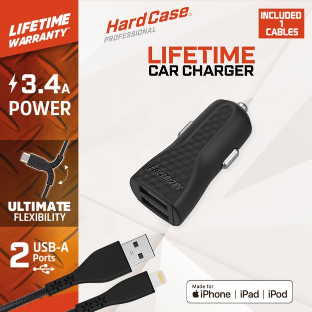„Energizer HardCase“ – automobilinis įkroviklis 2x USB-A 17W 3.4A + MFi sertifikuotas „Lightning“ laidas (juodas) 2