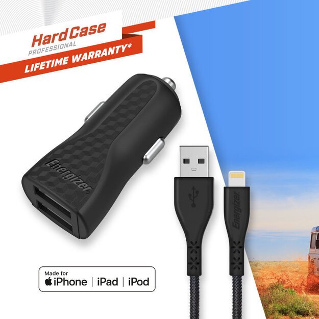 „Energizer HardCase“ – automobilinis įkroviklis 2x USB-A 17W 3.4A + MFi sertifikuotas „Lightning“ laidas (juodas)