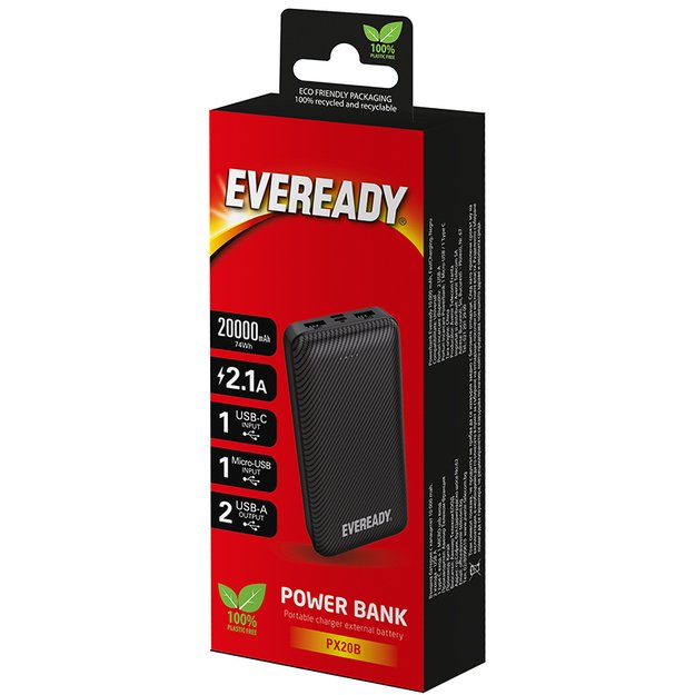 Eveready PX20B – Powerbank 20000 mAh 2x USB-A (juoda)