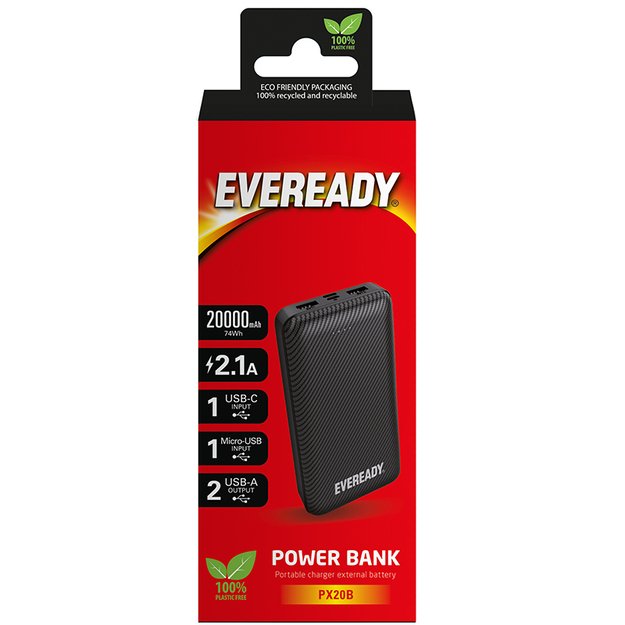 Eveready PX20B – Powerbank 20000 mAh 2x USB-A (juoda)