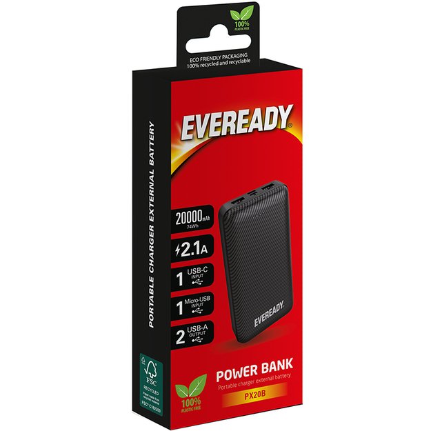 Eveready PX20B – Powerbank 20000 mAh 2x USB-A (juoda)