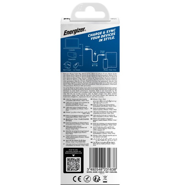 Energizer Ultimate – USB-A ir Lightning jungiamasis laidas, MFi sertifikuotas 2m (mėlynas)