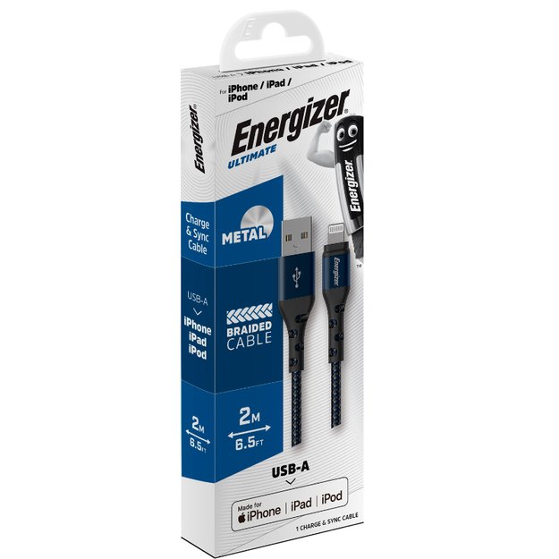 Energizer Ultimate – USB-A ir Lightning jungiamasis laidas, MFi sertifikuotas 2m (mėlynas)