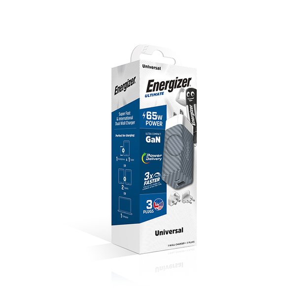 Energizer Ultimate – kelių kištukų ES / JK / JAV GaN USB-C ir USB-A 65 W PD tinklo įkroviklis (sidabras)