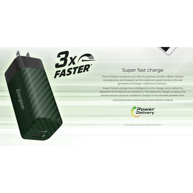 Energizer Ultimate – kelių kištukų ES / JK / JAV GaN USB-C ir USB-A 65 W PD tinklo įkroviklis (sidabras)