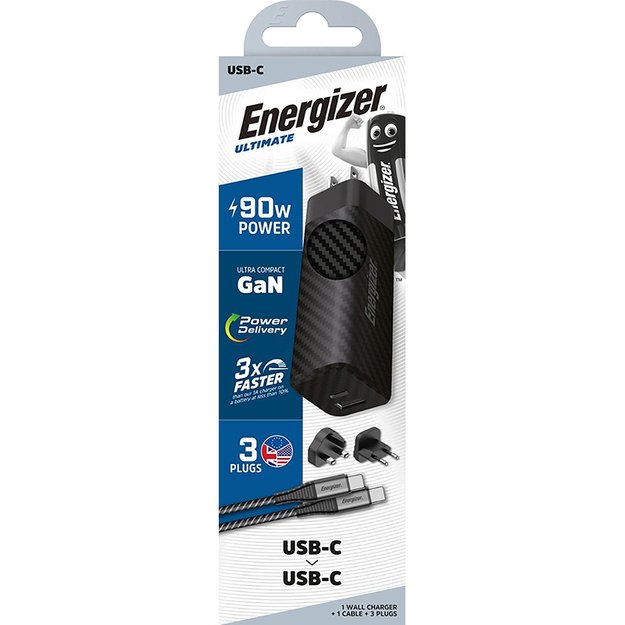 Energizer Ultimate – kelių kištukų ES / JK / JAV GaN USB-C ir USB-A 90 W PD maitinimo įkroviklis + USB-C laidas (juodas)