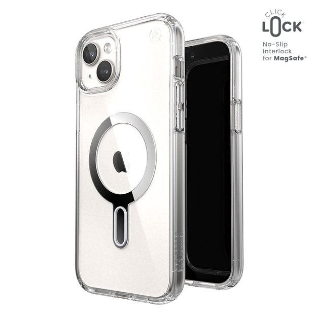 Speck Presidio Perfect-Clear ClickLock & Magsafe – dėklas, skirtas iPhone 15 Plus / iPhone 14 Plus (skaidrus / chromo apdaila / ramus sidabras)