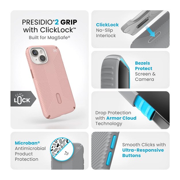 Speck Presidio2 Grip ClickLock & MagSafe – dėklas, skirtas iPhone 15 / iPhone 14 / iPhone 13 (Dahlia Pink / Rose Copper)