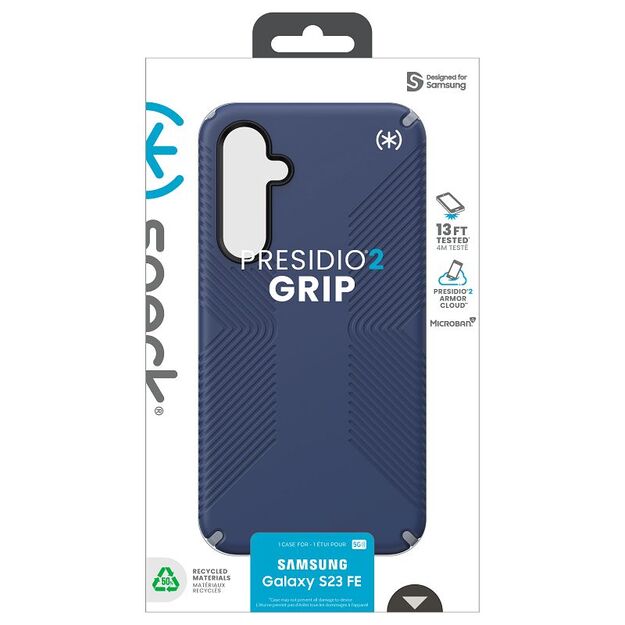 Speck Presidio2 Grip – Samsung Galaxy S23 FE dėklas (pakrantės mėlyna/juoda/balta) 36