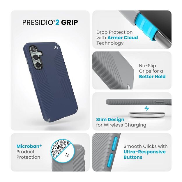 Speck Presidio2 Grip – Samsung Galaxy S23 FE dėklas (pakrantės mėlyna/juoda/balta)