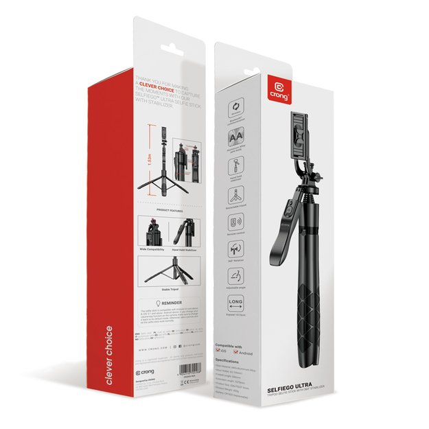 „Crong SelfieGo Ultra“ – aliuminio „Bluetooth“ asmenukių lazdos trikojis (juodas) 9