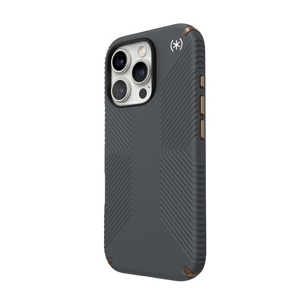 „Speck Presidio2 Grip“ – dėklas, skirtas „iPhone 16 Pro“ (anglies pilka / šalta bronzinė / balta)