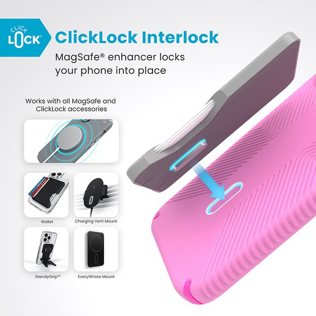 Speck Presidio2 Grip ClickLock & MagSafe – dėklas, skirtas iPhone 16 Plus (tikrai rožinė / šokiruojanti rožinė / balta)