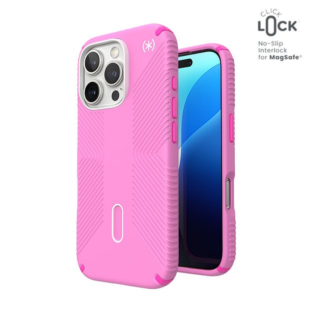 Speck Presidio2 Grip ClickLock & MagSafe – dėklas, skirtas iPhone 16 Pro (tikrai rožinė / šokiruojanti rožinė / balta)