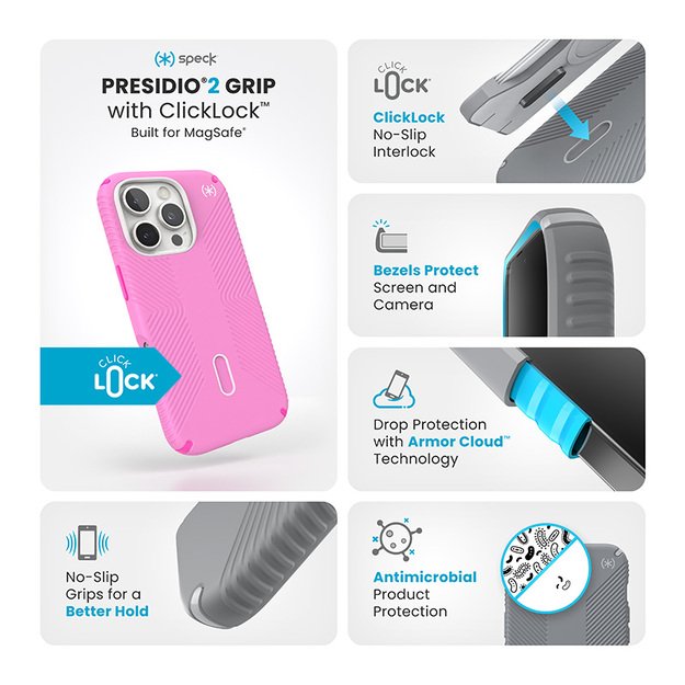 Speck Presidio2 Grip ClickLock & MagSafe – dėklas, skirtas iPhone 16 Pro (tikrai rožinė / šokiruojanti rožinė / balta) 15