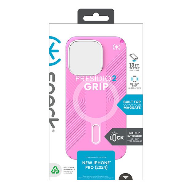 Speck Presidio2 Grip ClickLock & MagSafe – dėklas, skirtas iPhone 16 Pro (tikrai rožinė / šokiruojanti rožinė / balta)