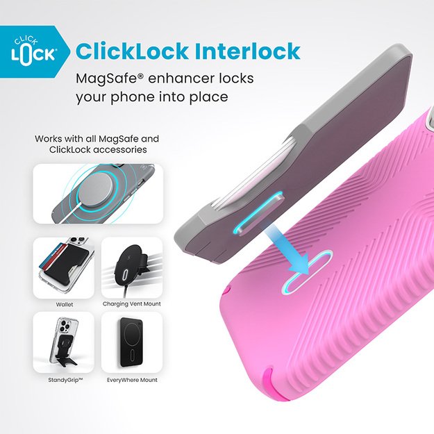 Speck Presidio2 Grip ClickLock & MagSafe – dėklas, skirtas iPhone 16 Pro (tikrai rožinė / šokiruojanti rožinė / balta)