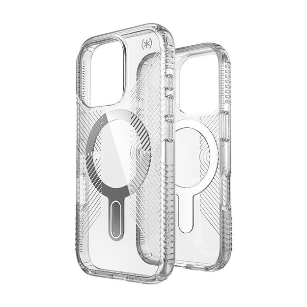 Speck Presidio Perfect-Clear Grip ClickLock & MagSafe – dėklas, skirtas iPhone 16 Pro (skaidrus / chromo apdaila / ramus sidabras)