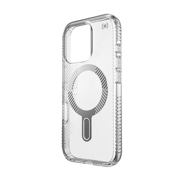 Speck Presidio Perfect-Clear Grip ClickLock & MagSafe – dėklas, skirtas iPhone 16 Pro (skaidrus / chromo apdaila / ramus sidabras)