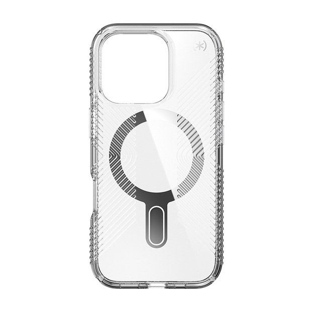 Speck Presidio Perfect-Clear Grip ClickLock & MagSafe – dėklas, skirtas iPhone 16 Pro (skaidrus / chromo apdaila / ramus sidabras)