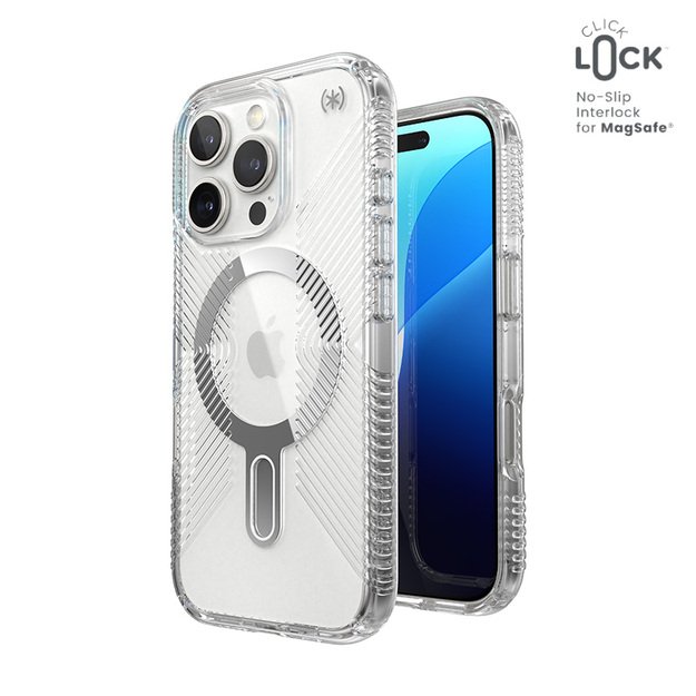 Speck Presidio Perfect-Clear Grip ClickLock & MagSafe – dėklas, skirtas iPhone 16 Pro (skaidrus / chromo apdaila / ramus sidabras)