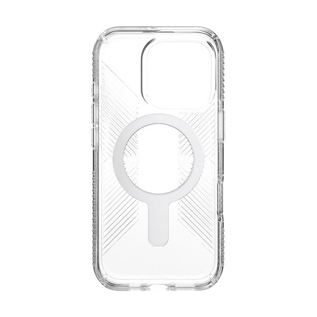 Speck Presidio Perfect-Clear Grip ClickLock & MagSafe – dėklas, skirtas iPhone 16 Pro (skaidrus / chromo apdaila / ramus sidabras)