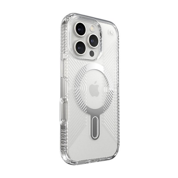 Speck Presidio Perfect-Clear Grip ClickLock & MagSafe – dėklas, skirtas iPhone 16 Pro (skaidrus / chromo apdaila / ramus sidabras)