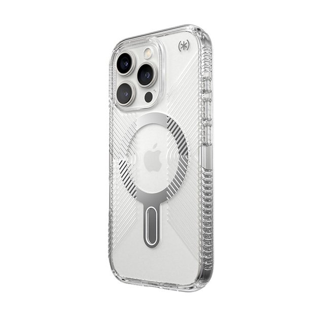 Speck Presidio Perfect-Clear Grip ClickLock & MagSafe – dėklas, skirtas iPhone 16 Pro (skaidrus / chromo apdaila / ramus sidabras)