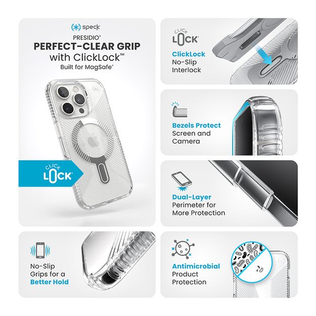 Speck Presidio Perfect-Clear Grip ClickLock & MagSafe – dėklas, skirtas iPhone 16 Pro (skaidrus / chromo apdaila / ramus sidabras)